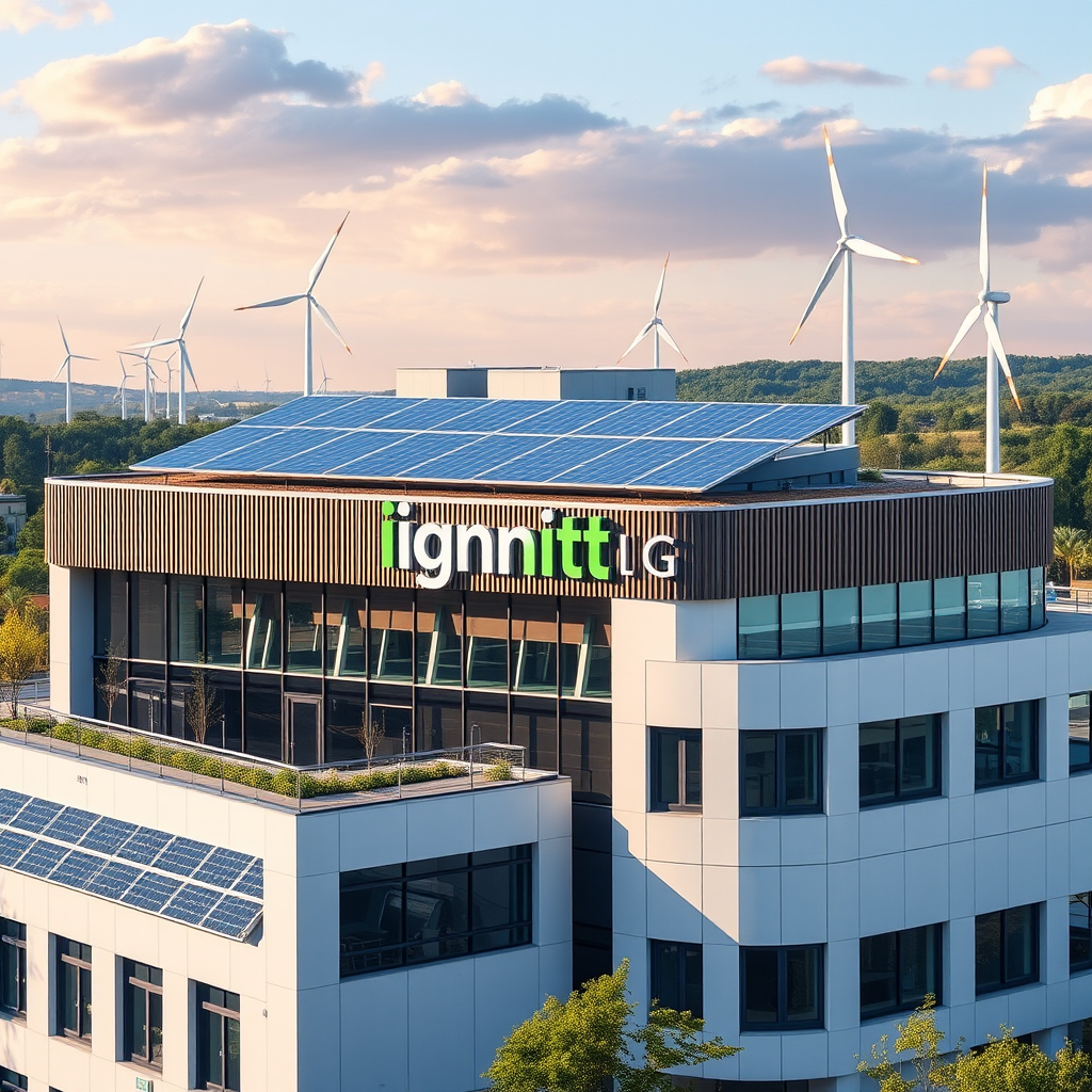 Ignitis grupės būstinės pastatas su moderniais saulės baterijų paneliais ant stogo ir vėjo turbinomis fone, simbolizuojantis žaliosios energetikos plėtrą ir inovacijas