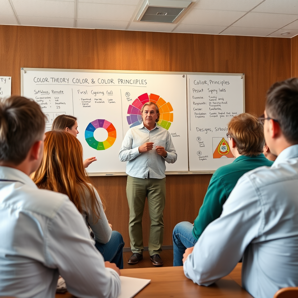 Mokytojas veda spalvų teorijos seminarą su studentais, ant lentos pavaizduoti spalvų ratai ir dizaino principai