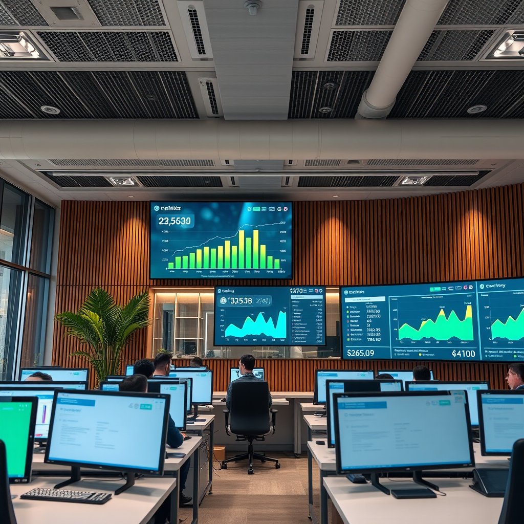 Modernus Ignitis grupės klientų aptarnavimo centras su dideliais ekranais, rodančiais energijos suvartojimo duomenis ir analitikos grafikus