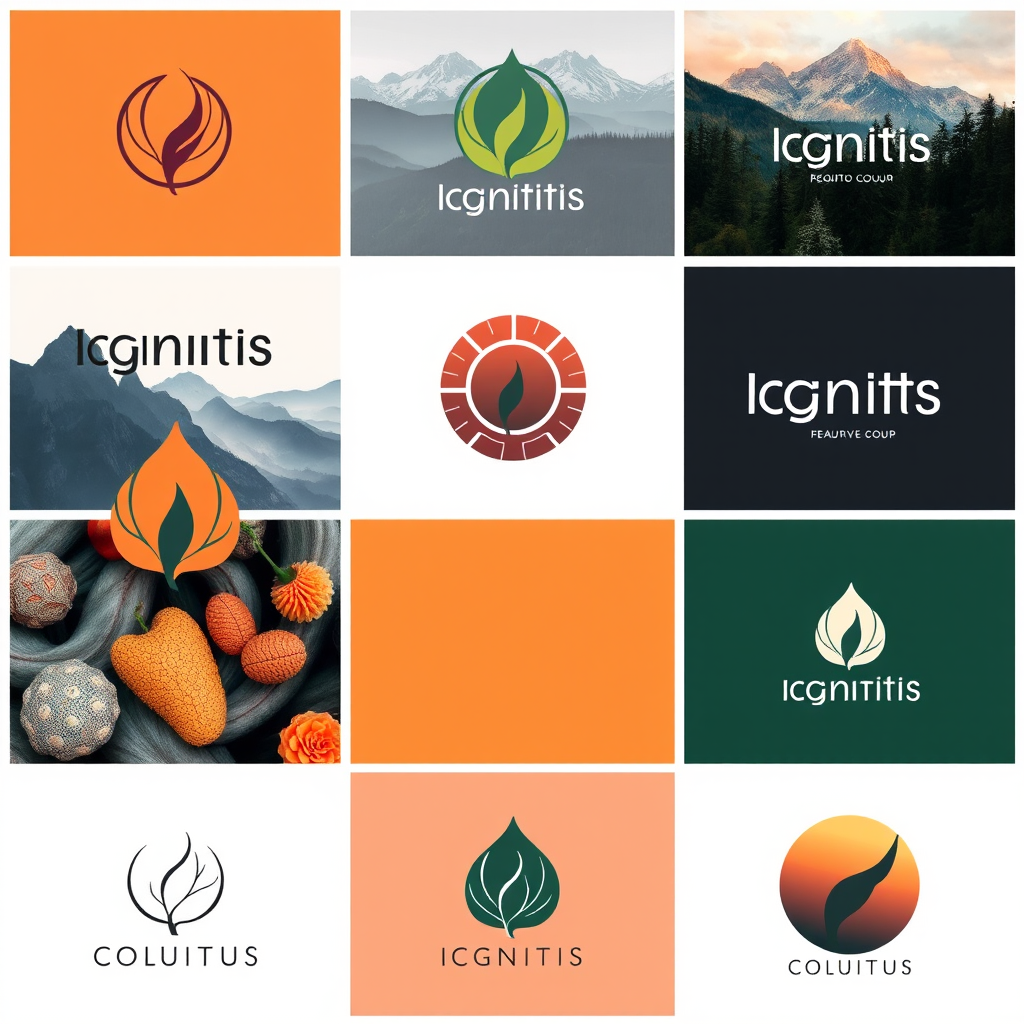 Ignitis spalvų paletės taikymo pavyzdžiai įvairiuose dizaino projektuose - logotipai, internetinės svetainės, spausdintinė reklama