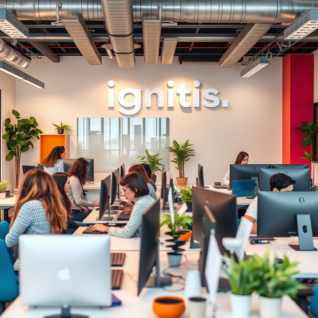 Ignitis biuro interjeras su jaunais darbuotojais, modernūs darbo stalai, kūrybinė erdvė su spalvingais akcentais, bendrovės logotipas sienoje